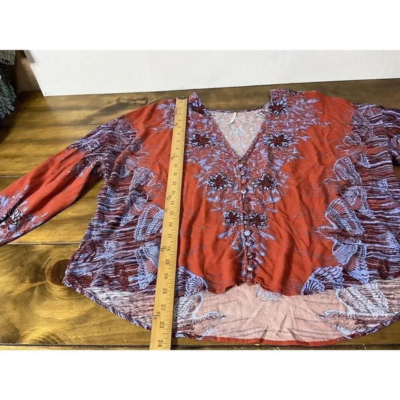 Free People Birds of a Feather Orange Floral Printed Blouse Size Small V-Neck - Picture 8 of 13